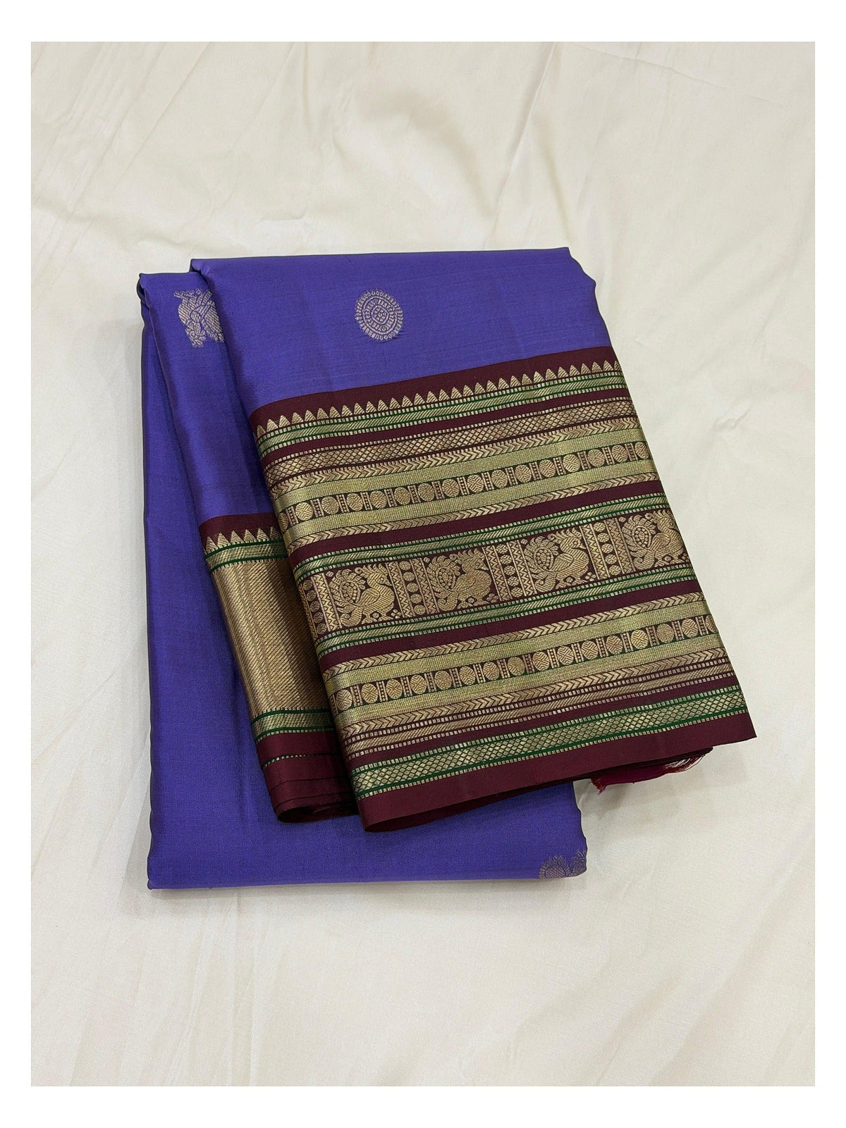 Handwoven Kanchipuram Silk Saree in Violet with Maroon Elephant Border front view