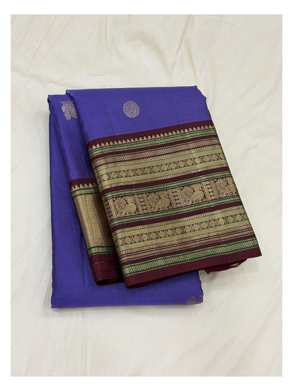 Handwoven Kanchipuram Silk Saree in Violet with Maroon Elephant Border front view