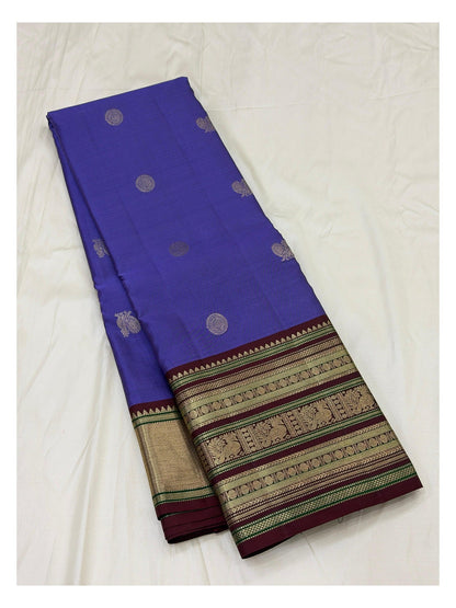 Handwoven Kanchipuram Silk Saree in Violet with Maroon Elephant Border
