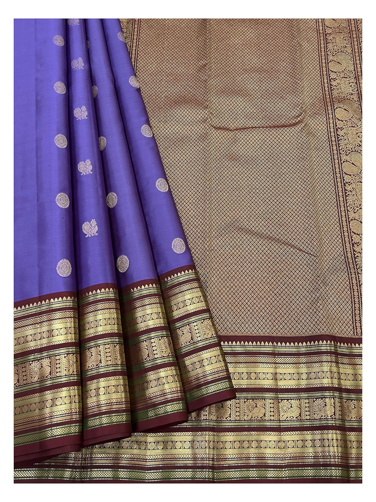 Handwoven Kanchipuram Silk Saree in Violet with Maroon Elephant Border