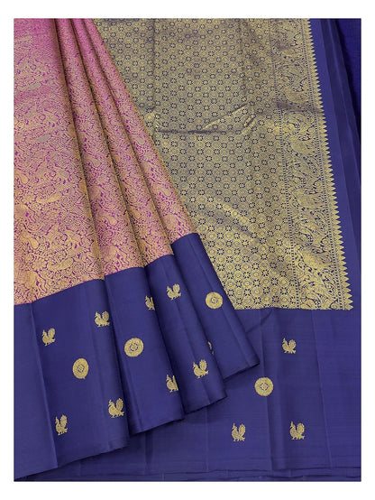 Handwoven Kanchipuram Silk Saree - Indigo Blue with Magenta-Gold Brocade Pallu and Zari Motifs