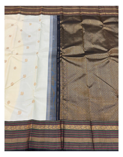 Handwoven Kanchipuram Silk Saree - Ivory with Navy Pallu and Gold Woven Border
