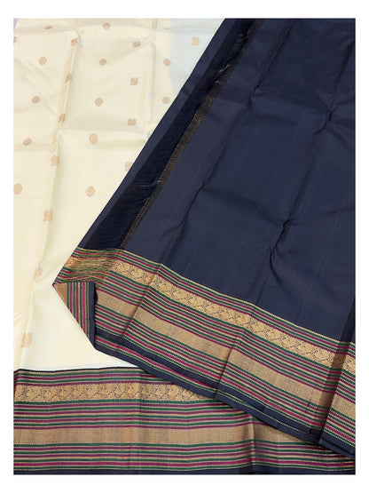 Handwoven Kanchipuram Silk Saree - Ivory with Navy Pallu and Gold Woven Border