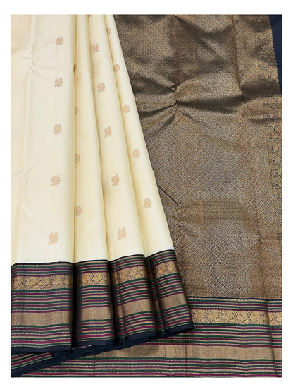 Handwoven Kanchipuram Silk Saree - Ivory with Navy Pallu and Gold Woven Border