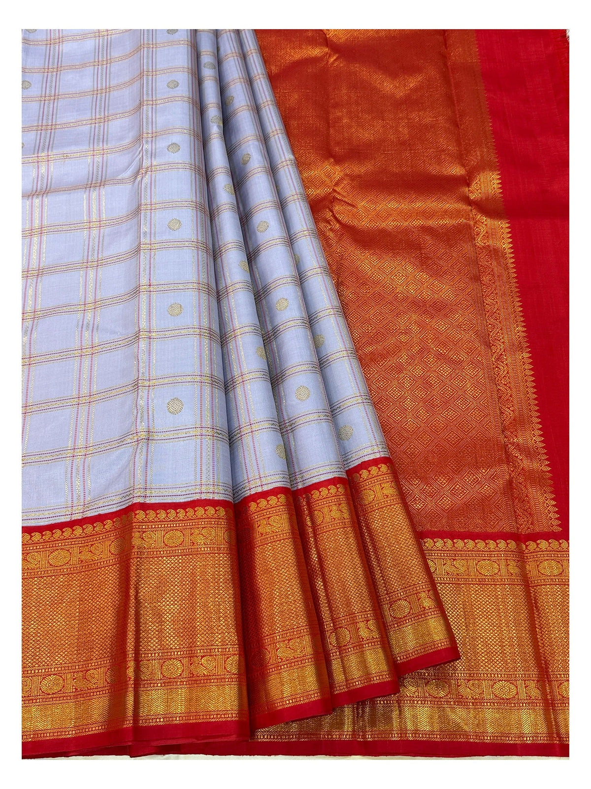 Handwoven Kanchipuram Silk Saree - Lavender Checks with Red Contrast Zari Border