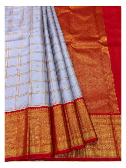 Handwoven Kanchipuram Silk Saree - Lavender Checks with Red Contrast Zari Border