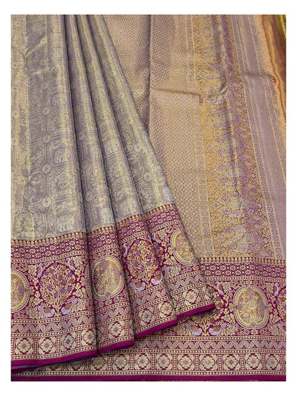 Handwoven Kanchipuram Silk Saree - Lilac with Magenta Zari Border