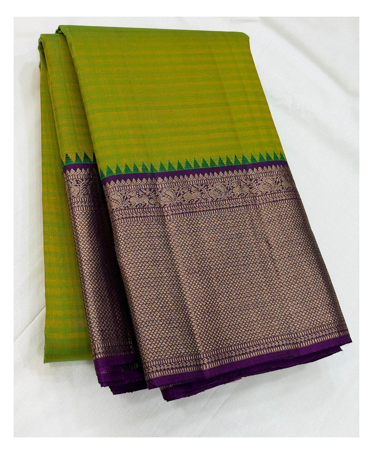 Handwoven Kanchipuram Silk Saree - Lime Green with Purple Zari Border & Rich Purple Pallu front view