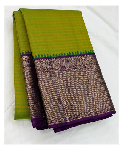 Handwoven Kanchipuram Silk Saree - Lime Green with Purple Zari Border & Rich Purple Pallu front view