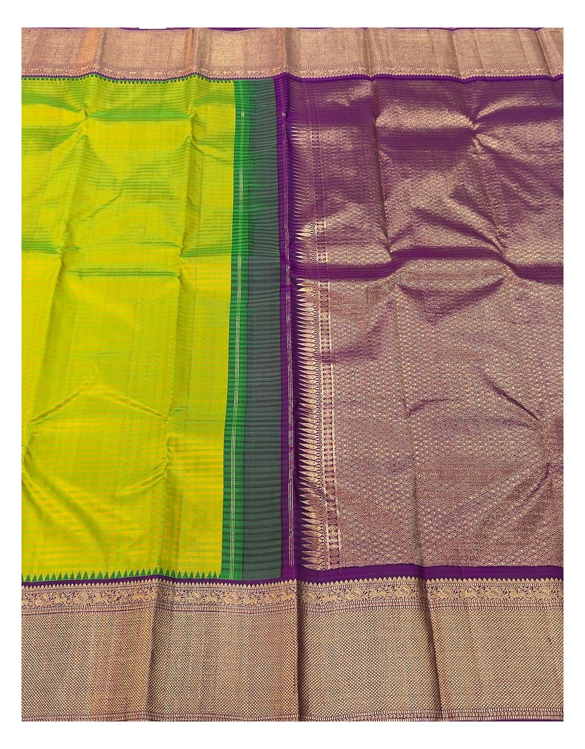 Handwoven Kanchipuram Silk Saree - Lime Green with Purple Zari Border & Rich Purple Pallu