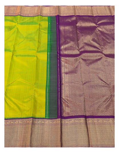 Handwoven Kanchipuram Silk Saree - Lime Green with Purple Zari Border & Rich Purple Pallu