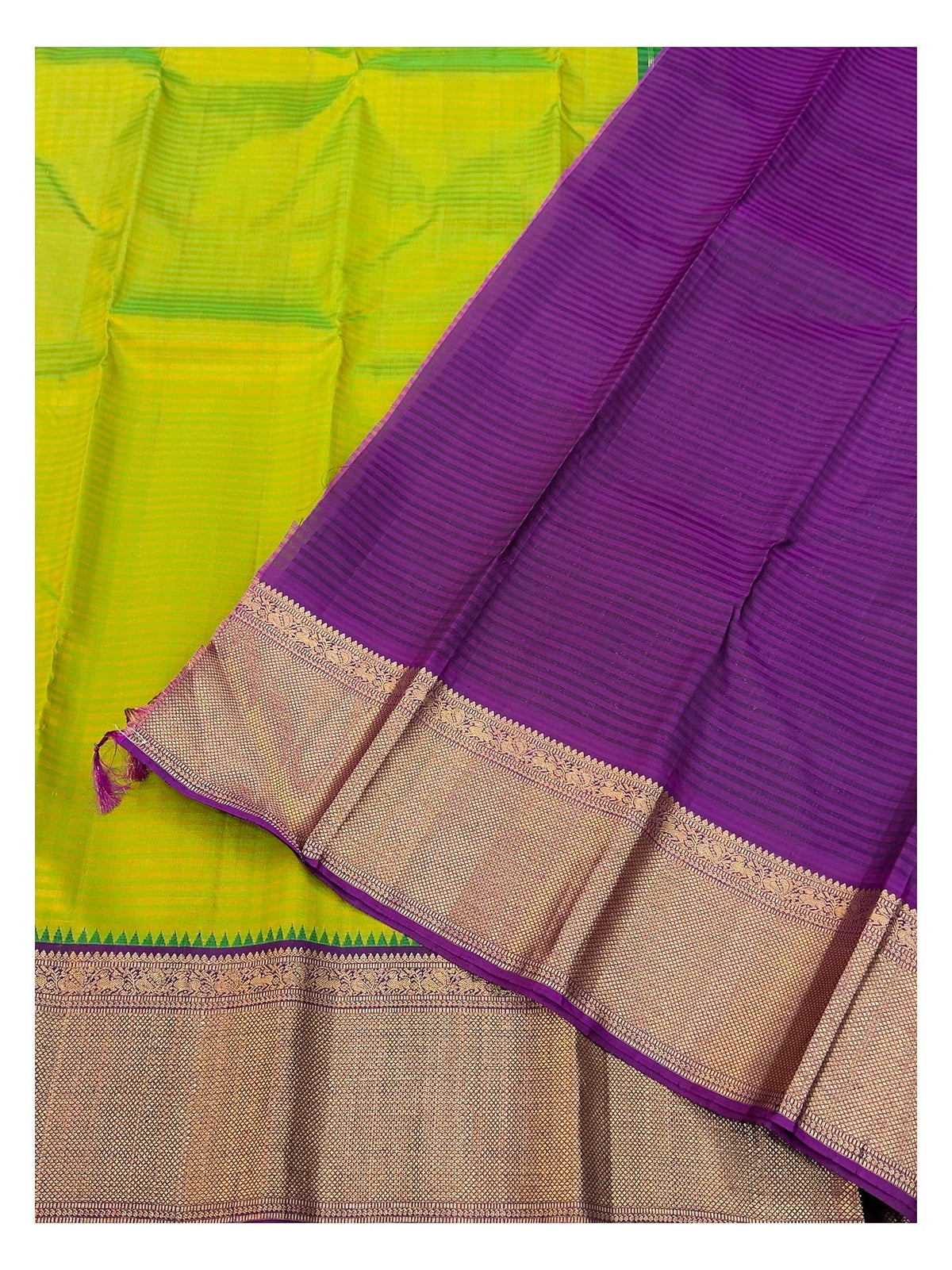Handwoven Kanchipuram Silk Saree - Lime Green with Purple Zari Border & Rich Purple Pallu