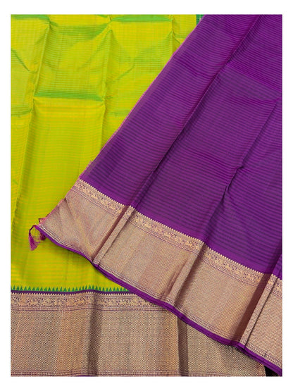 Handwoven Kanchipuram Silk Saree - Lime Green with Purple Zari Border & Rich Purple Pallu