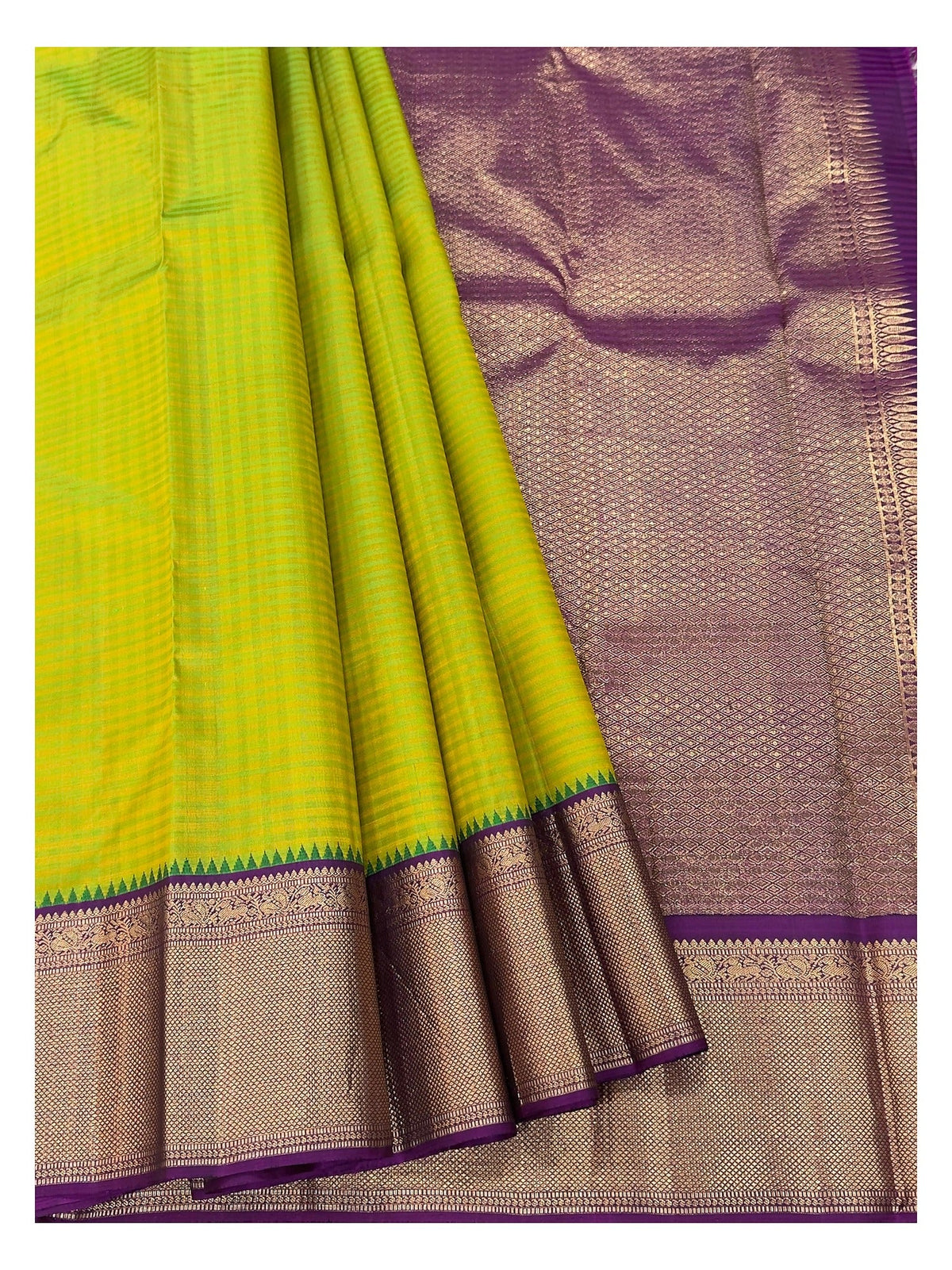 Handwoven Kanchipuram Silk Saree - Lime Green with Purple Zari Border & Rich Purple Pallu