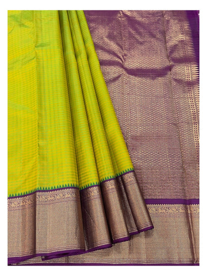 Handwoven Kanchipuram Silk Saree - Lime Green with Purple Zari Border & Rich Purple Pallu