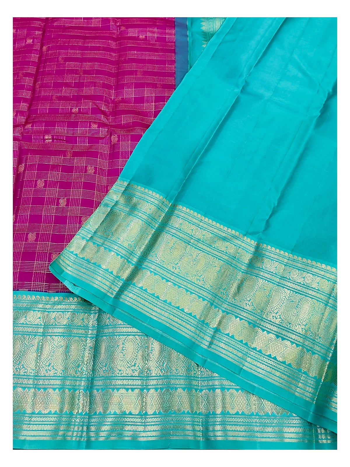 Handwoven Kanchipuram Silk Saree - Magenta and Aqua Blue