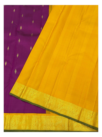 Handwoven Kanchipuram Silk Saree - Magenta with Contrast Mustard Pallu and Gold-Toned Border front view