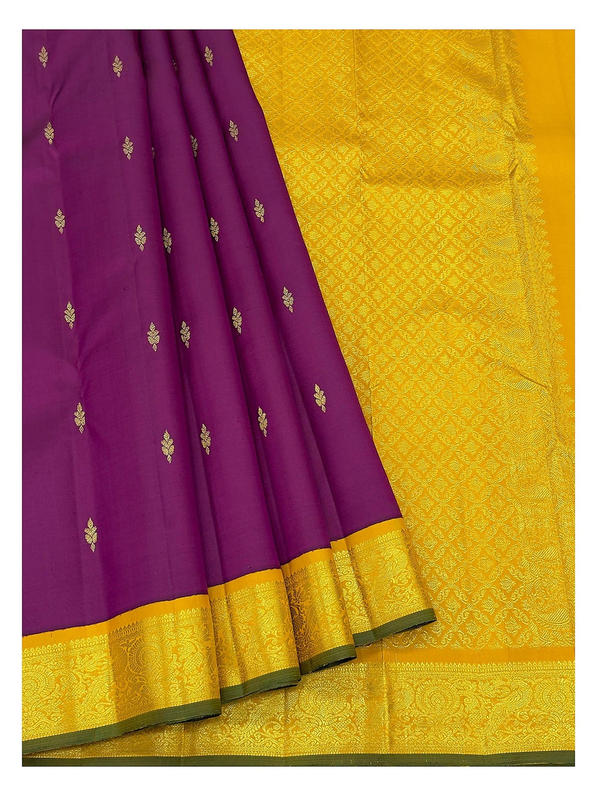 Handwoven Kanchipuram Silk Saree - Magenta with Contrast Mustard Pallu and Gold-Toned Border