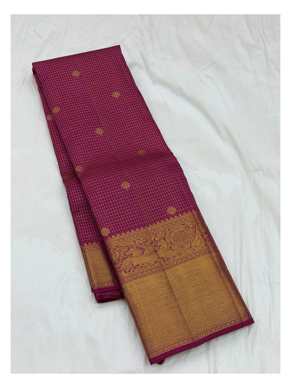 Handwoven Kanchipuram Silk Saree - Magenta with Gold Zari Checks and Peacock Border