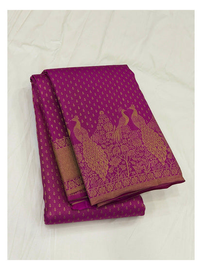 Handwoven Kanchipuram Silk Saree - Magenta with Peacock Border front view