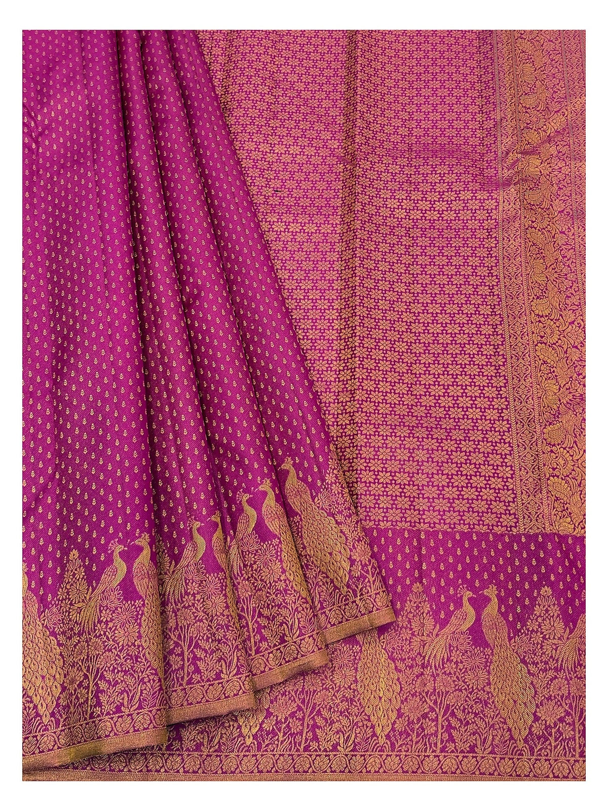 Handwoven Kanchipuram Silk Saree - Magenta with Peacock Border