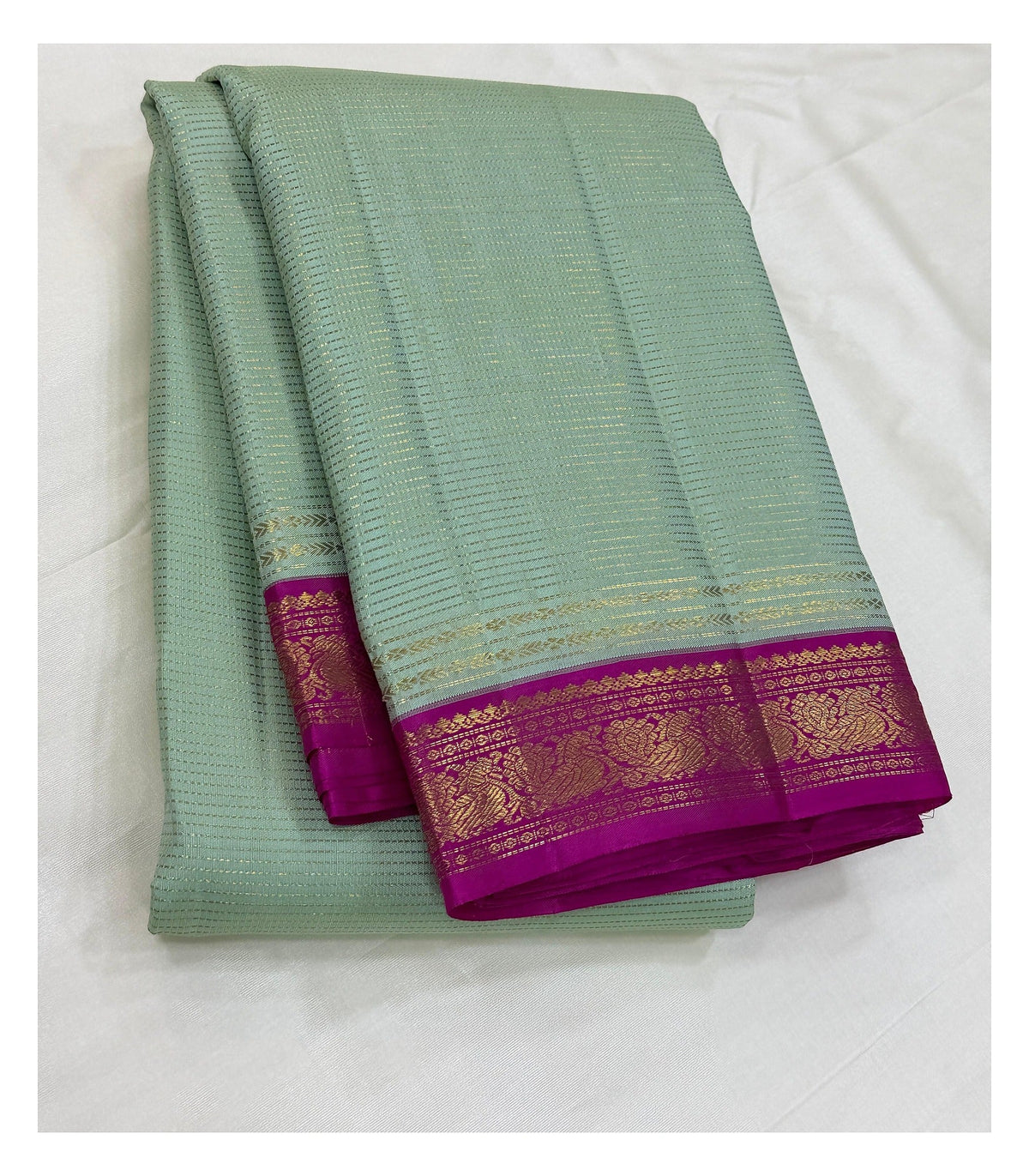 Handwoven Kanchipuram Silk Saree - Mint Green with Magenta Contrast Border front view