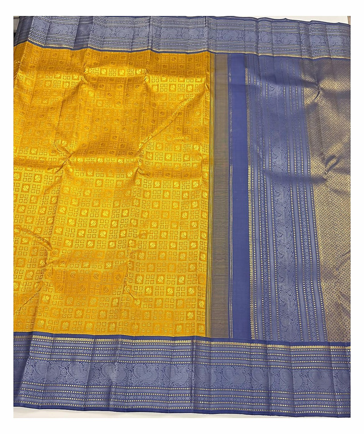 Handwoven Kanchipuram Silk Saree - Mustard and Blue