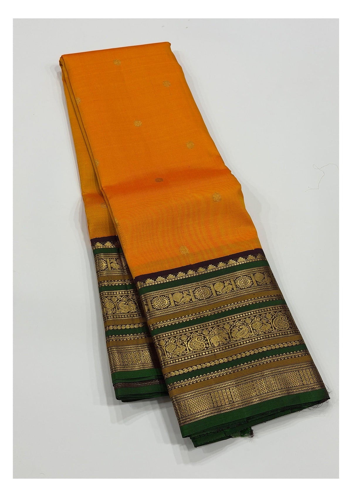 Handwoven Kanchipuram Silk Saree - Mustard Orange with Emerald Green Border and Plum Pallu