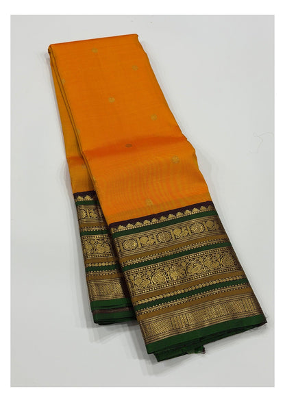 Handwoven Kanchipuram Silk Saree - Mustard Orange with Emerald Green Border and Plum Pallu