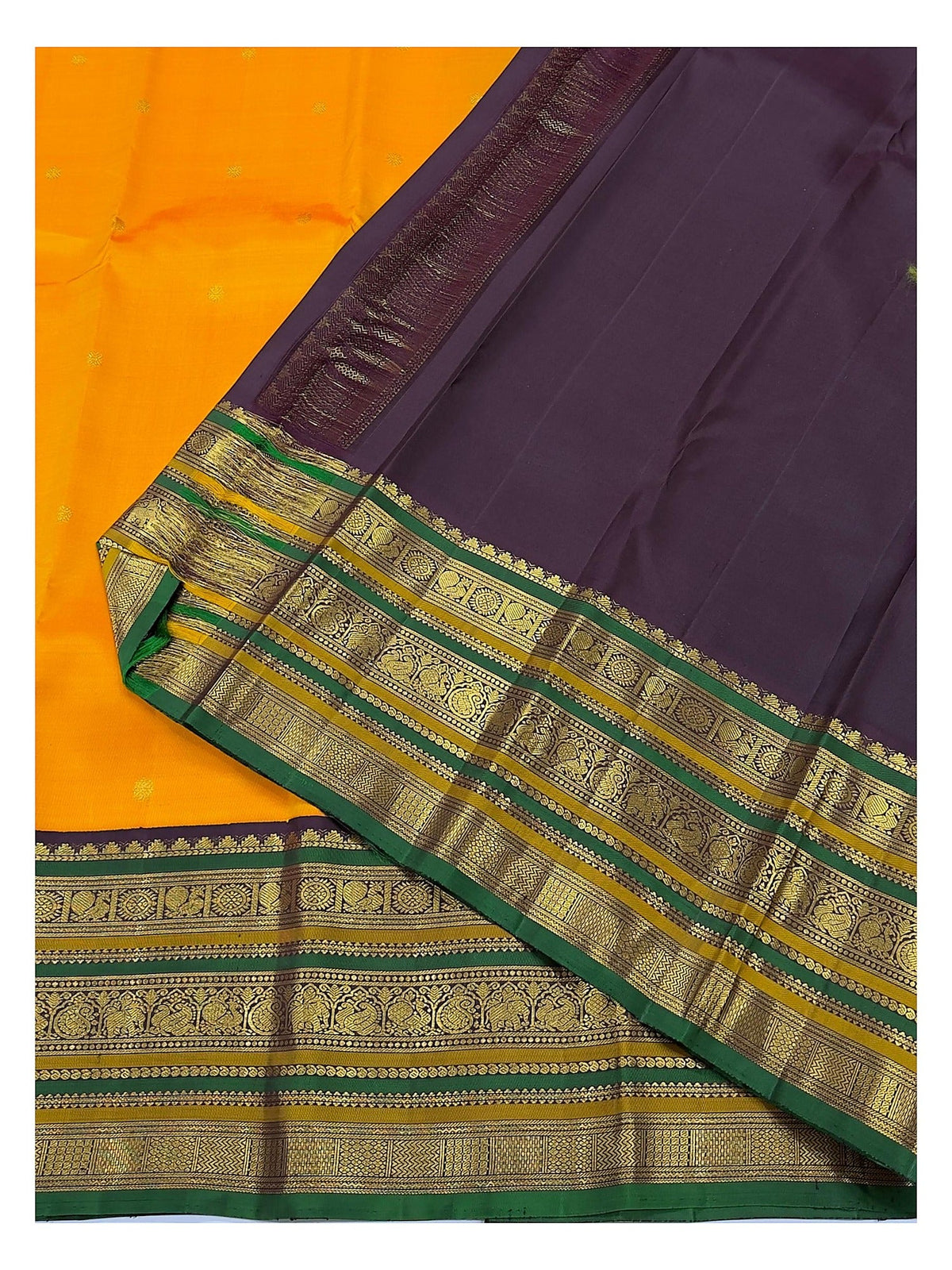Handwoven Kanchipuram Silk Saree - Mustard Orange with Emerald Green Border and Plum Pallu