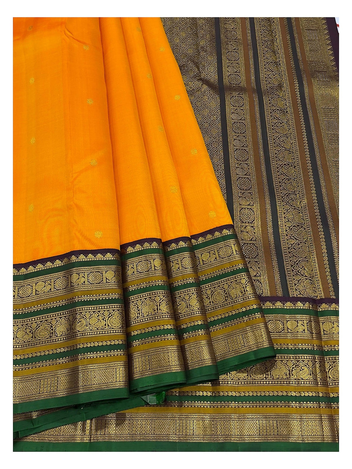 Handwoven Kanchipuram Silk Saree - Mustard Orange with Emerald Green Border and Plum Pallu