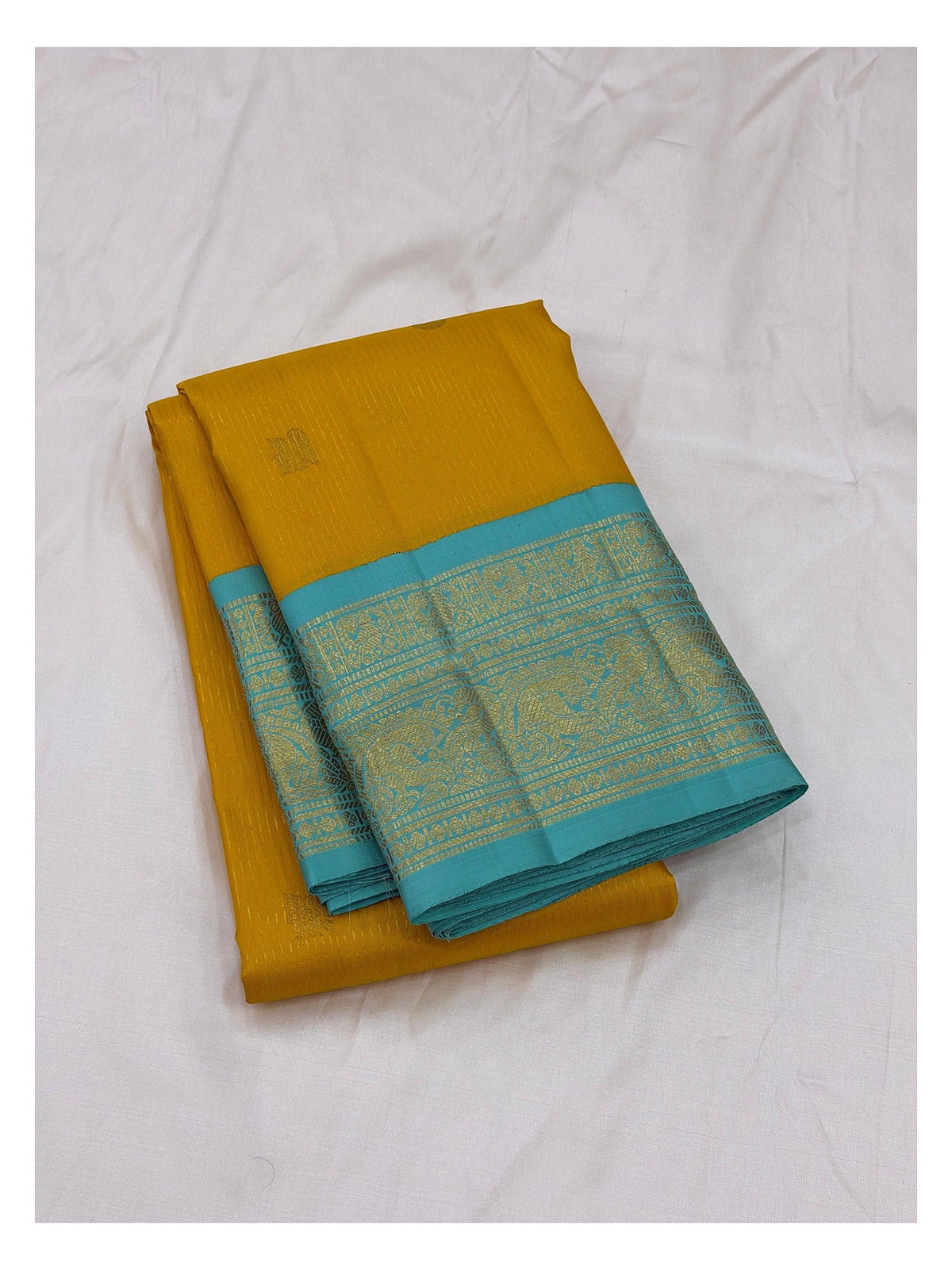 Handwoven Kanchipuram Silk Saree - Mustard Yellow with Aqua Blue Zari Border front view