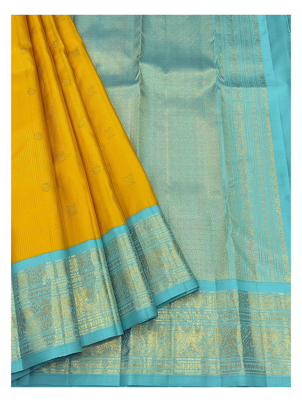 Handwoven Kanchipuram Silk Saree - Mustard Yellow with Aqua Blue Zari Border