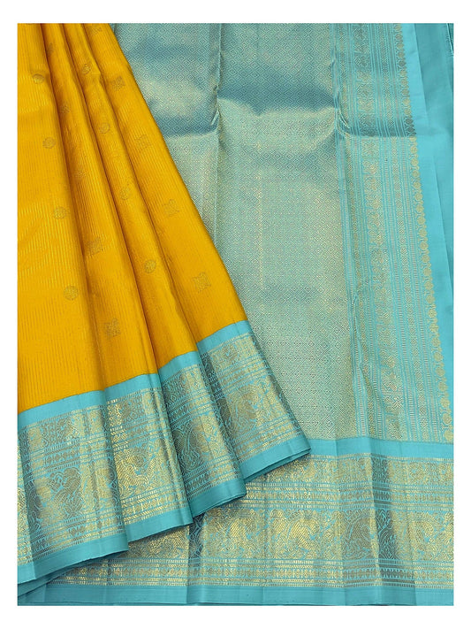 Handwoven Kanchipuram Silk Saree - Mustard Yellow with Aqua Blue Zari Border