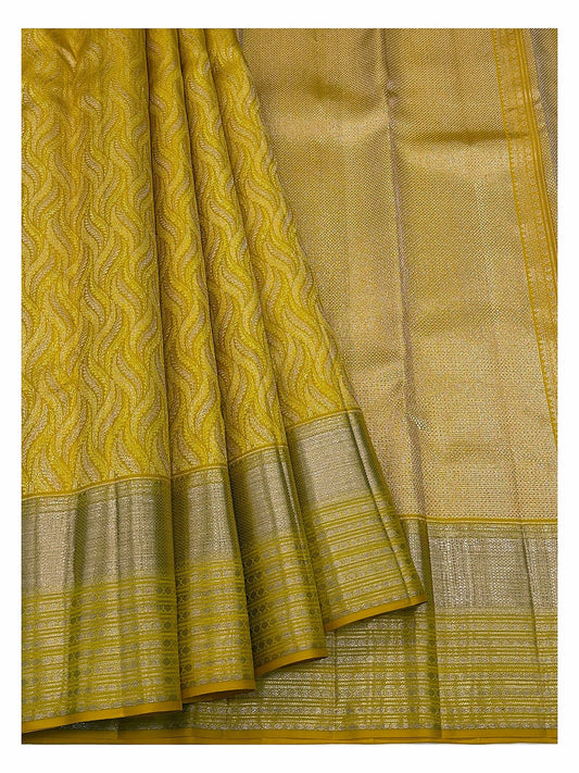 Handwoven Kanchipuram Silk Saree - Mustard Yellow with Gold-Toned Leaf Weave and Broad Woven Pallu