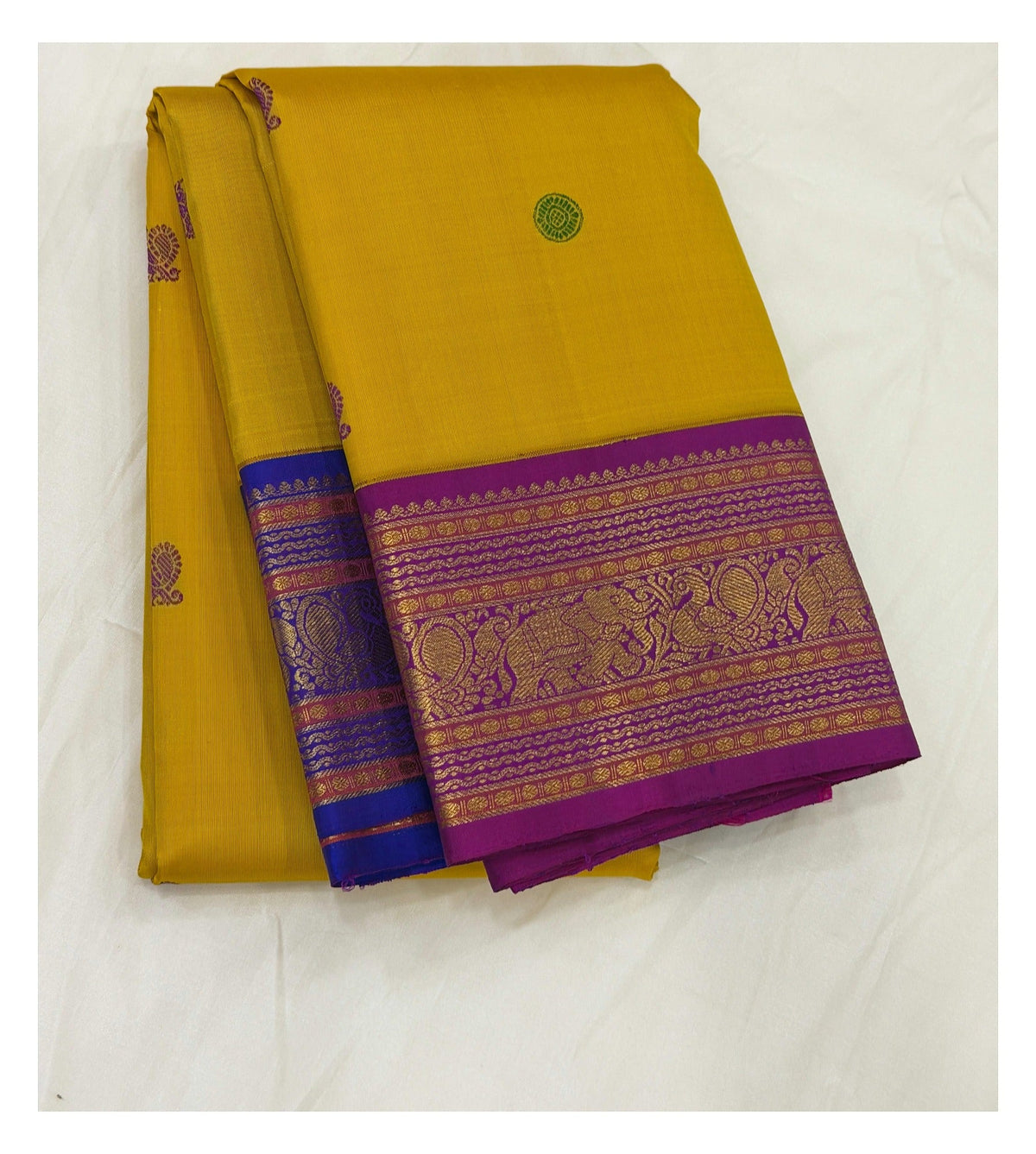 Handwoven Kanchipuram Silk Saree - Mustard Yellow with Magenta Elephant Border front view