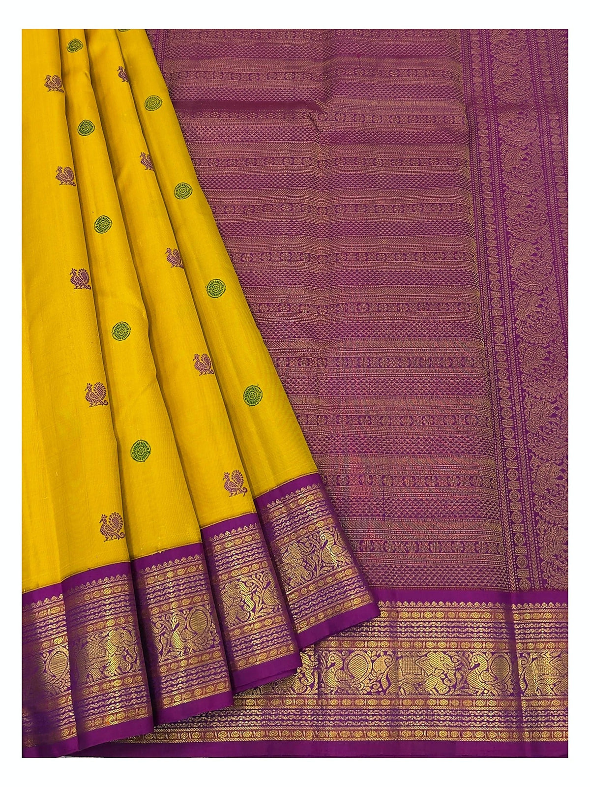 Handwoven Kanchipuram Silk Saree - Mustard Yellow with Magenta Elephant Border