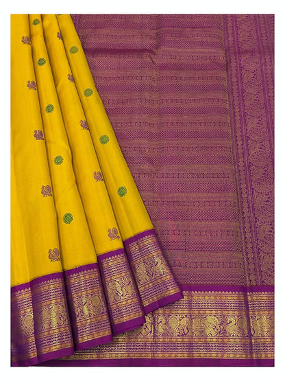 Handwoven Kanchipuram Silk Saree - Mustard Yellow with Magenta Elephant Border