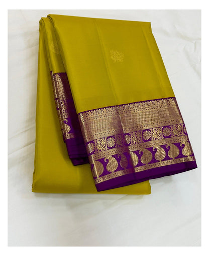 Handwoven Kanchipuram Silk Saree - Mustard Yellow with Magenta Peacock Border front view