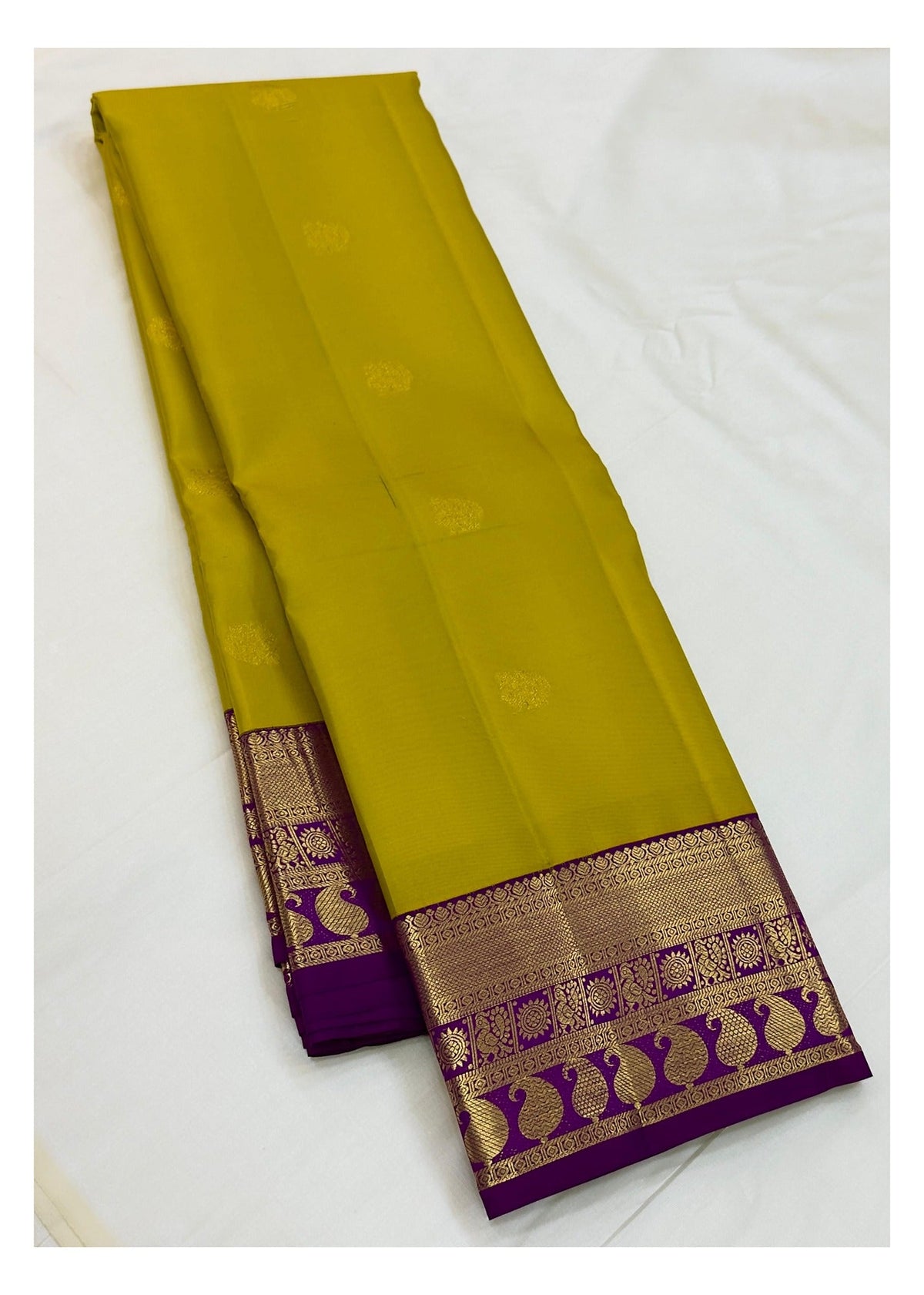 Handwoven Kanchipuram Silk Saree - Mustard Yellow with Magenta Peacock Border