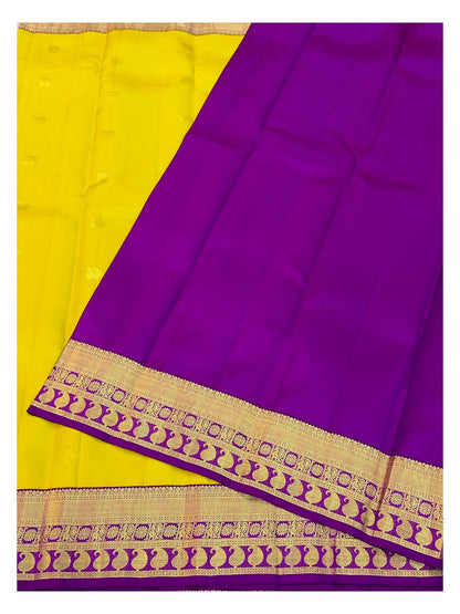 Handwoven Kanchipuram Silk Saree - Mustard Yellow with Magenta Peacock Border