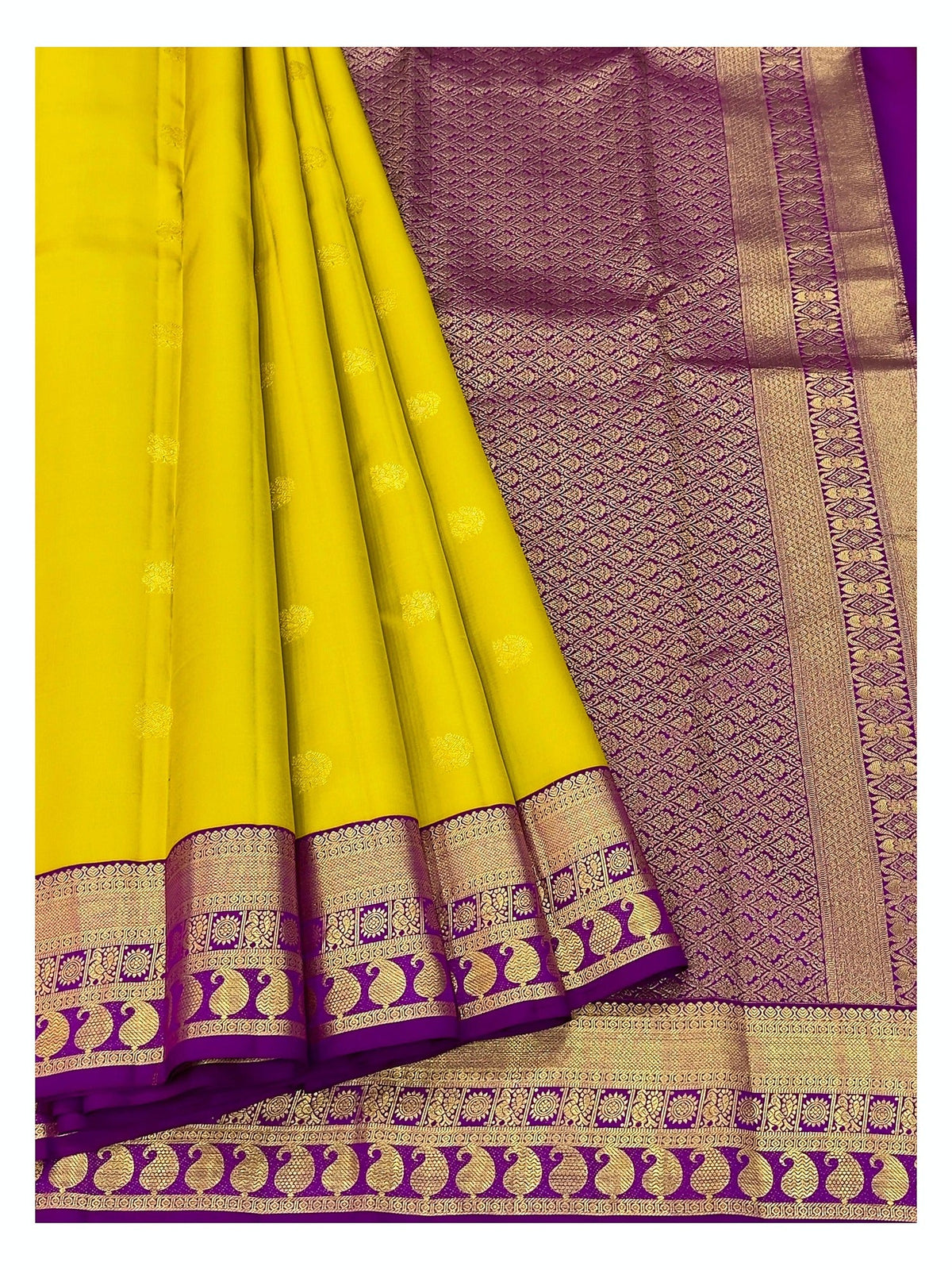 Handwoven Kanchipuram Silk Saree - Mustard Yellow with Magenta Peacock Border