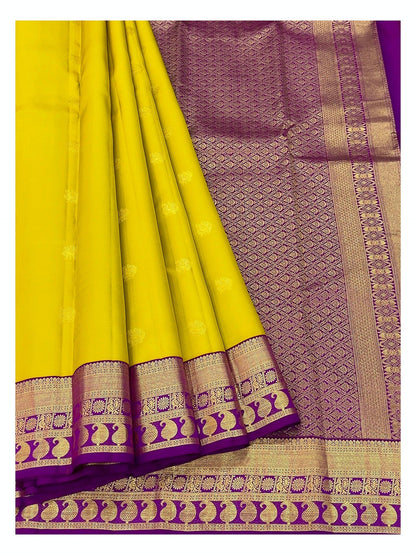 Handwoven Kanchipuram Silk Saree - Mustard Yellow with Magenta Peacock Border