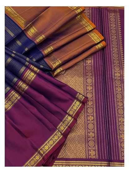 Handwoven Kanchipuram Silk Saree - Navy Blue with Magenta Border front view