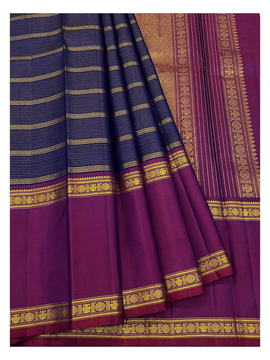 Handwoven Kanchipuram Silk Saree - Navy Blue with Magenta Border front view