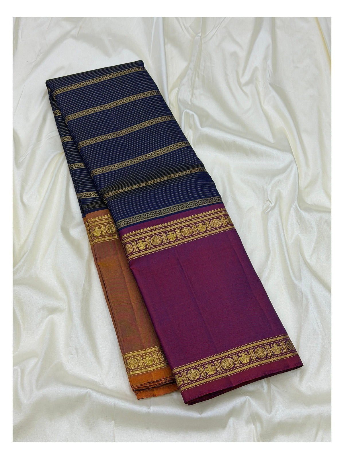 Handwoven Kanchipuram Silk Saree - Navy Blue with Magenta Border