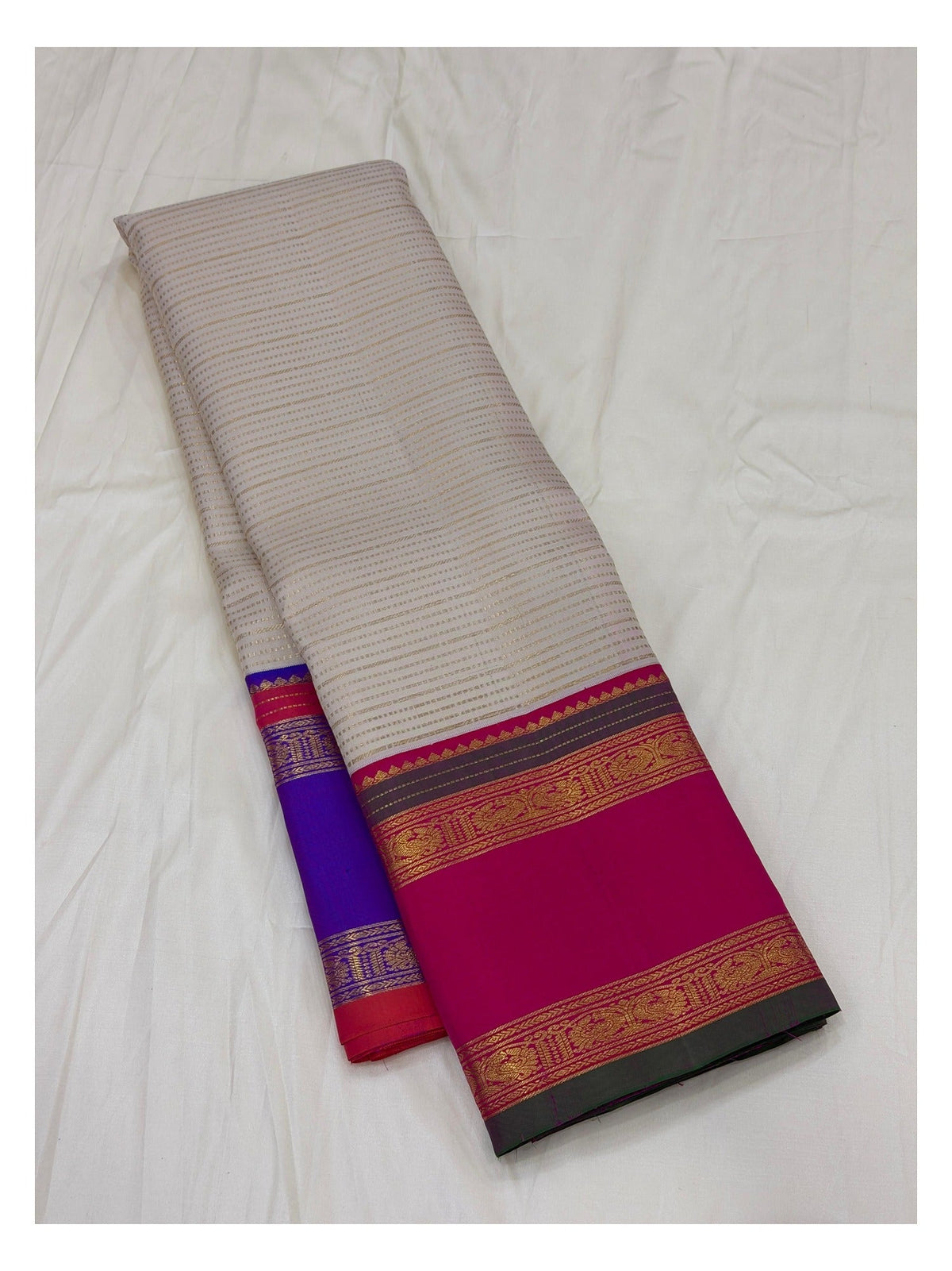 Handwoven Kanchipuram Silk Saree - Off White with Rani Pink Contrast Border