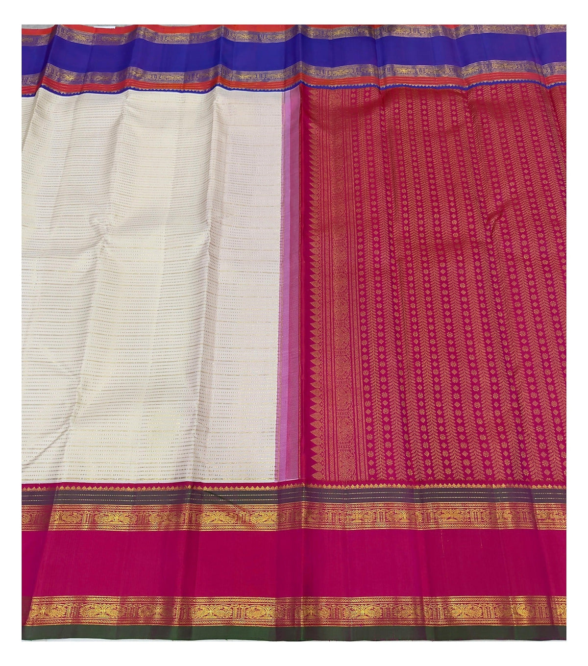 Handwoven Kanchipuram Silk Saree - Off White with Rani Pink Contrast Border