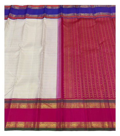 Handwoven Kanchipuram Silk Saree - Off White with Rani Pink Contrast Border