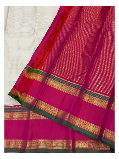 Handwoven Kanchipuram Silk Saree - Off White with Rani Pink Contrast Border
